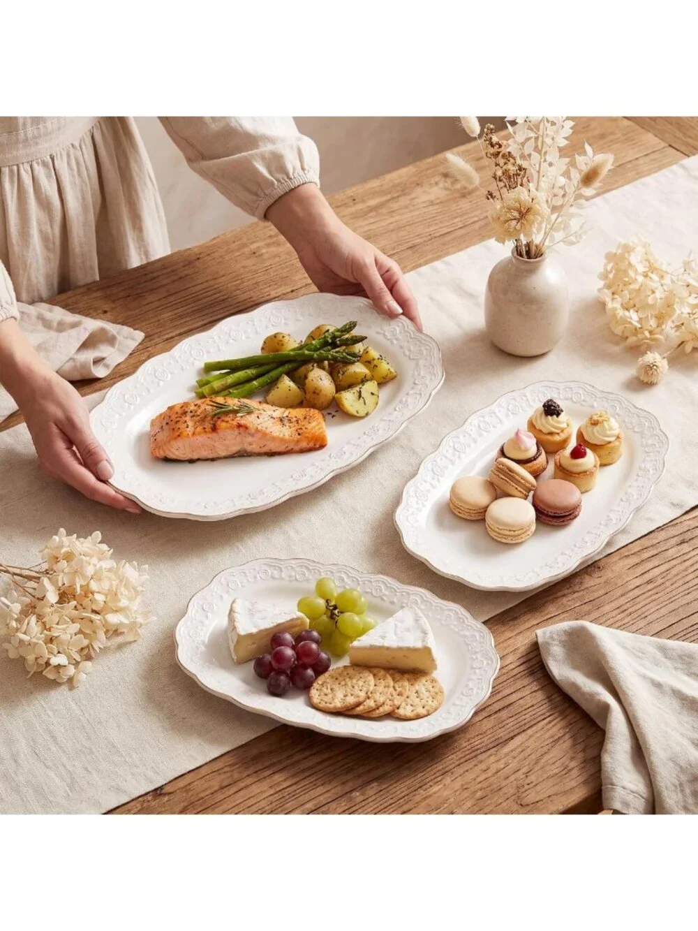 Elegant Ceramic Serving Platter Set | 14”/12”/10” Oval Trays for Entertaining